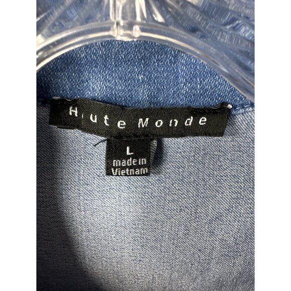 Haute Monde Blue Denim Jumpsuit Stretch Tie Waist Button Front Pockets Womens L - Picture 3 of 7